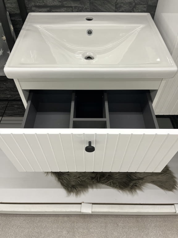 Bathroom Cabinet with Washbasin, Grooved, 60 Cm, White Gloss, Rietti Lamellas