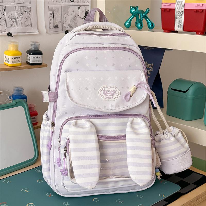 Cute Bunny Ear School Backpack with Clear Front Pocket Top Handle Casual Daypack for Girls Daily Use