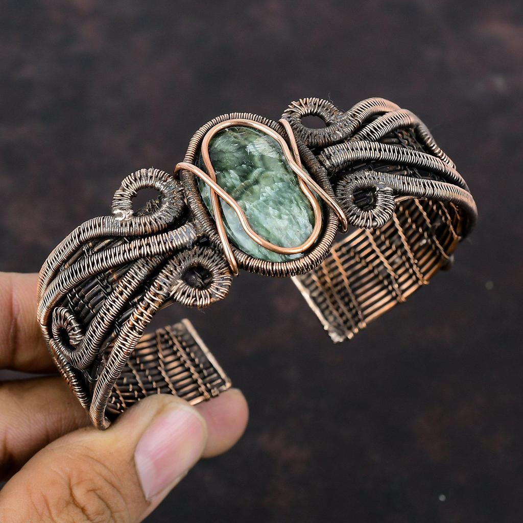 Seraphinite Cuff Bracelet Copper Wire Wrapped Bangle Handmade Real Gemstone Jewelry Copper Cuff Bracelet Adjustable Bangle Wire Wrap Jewelry