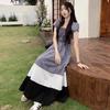 French retro contrasting color square neck dress women's new summer age-reducing design plaid waist dress