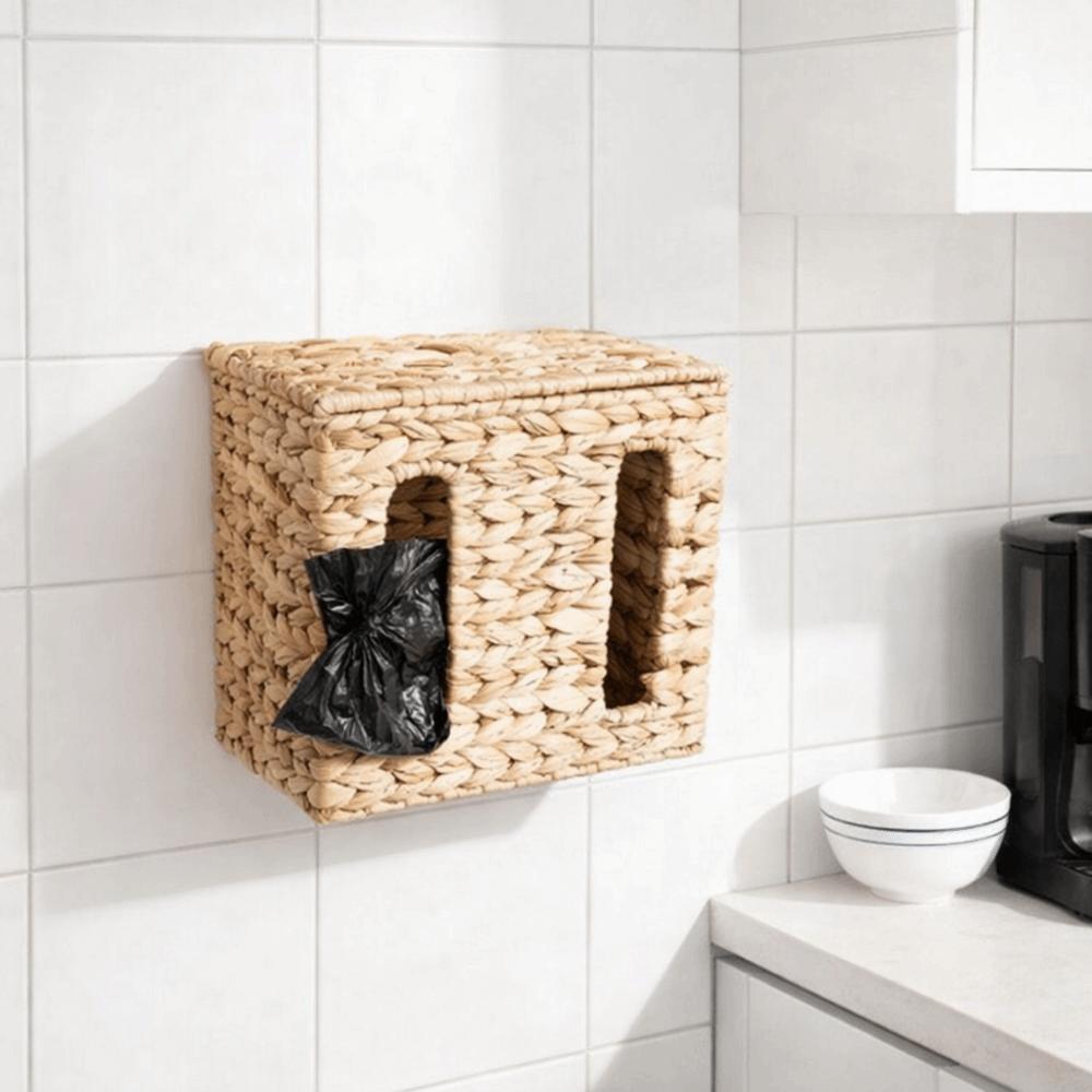 Rectangular Straw Weaving Storage Basket Wall Mounted Large Capacity Tissue Box with Lid Garbage Bag Storage Box for Kitchen