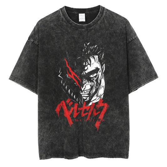 Japanese Anime Berserk Retro Washed T-shirt Men and Women Summer Harajuku Y2K Clothing Fashion Round Neck Short Sleeved Tee