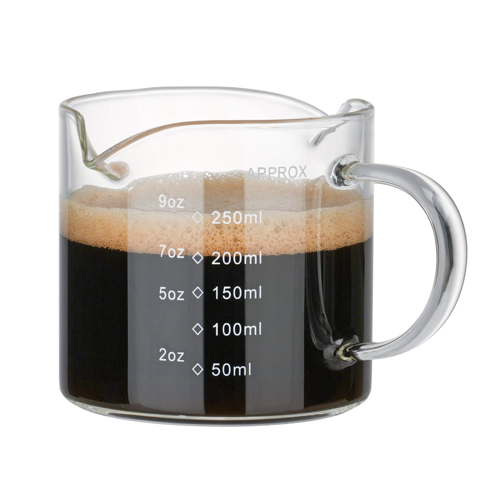 BCnmviku 250ml Espresso Shot Milk Pitcher with Graduated Measuring Cup for and Thickened Glass 1 Glass, Handle, Alcohol, Coffee, Water, Wine, More,