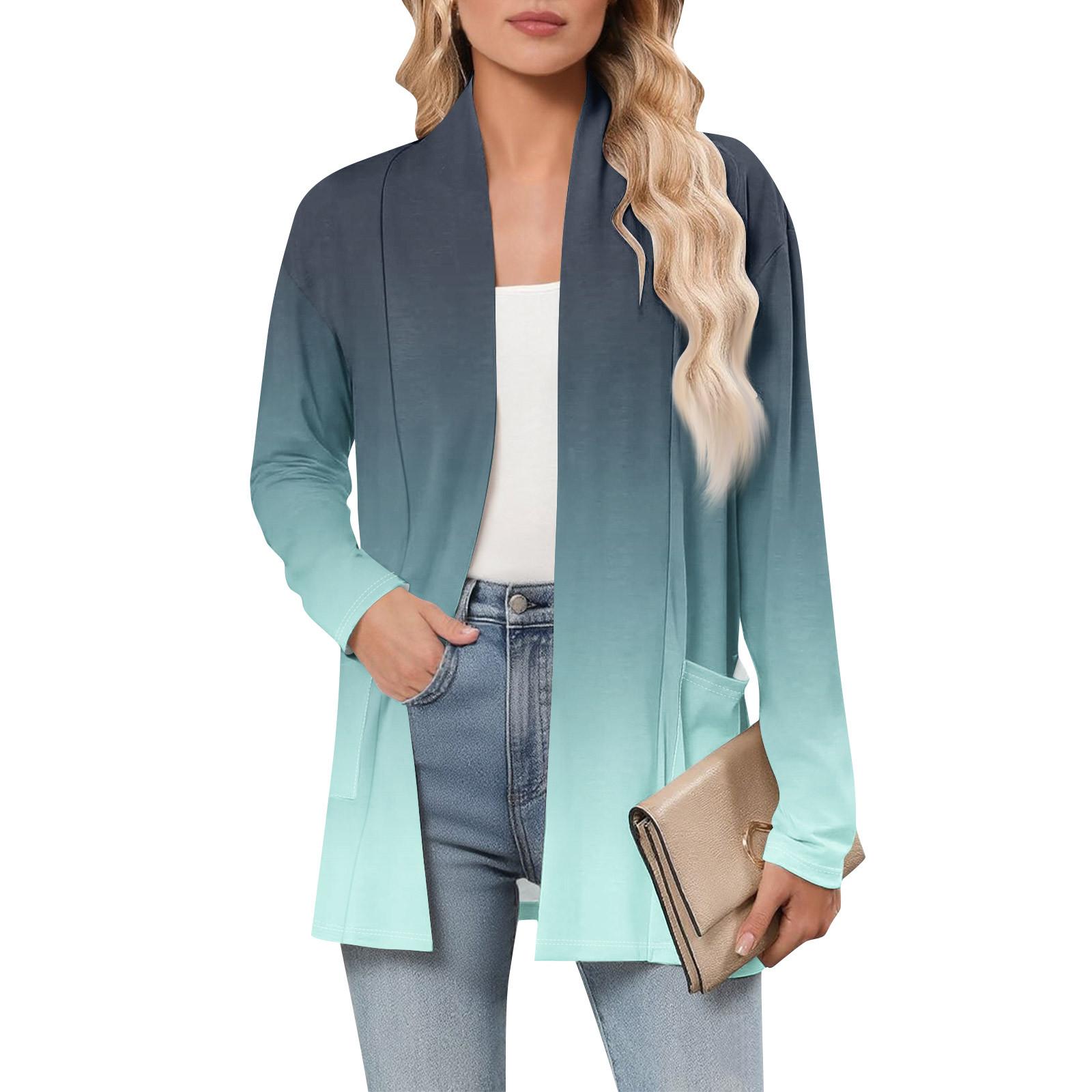 

Женский кардиган с длинным рукавом, V-образным вырезом, модная рубашка с принтом, легкий, повседневный, свободный, тонкий кардиган с карманами S циан