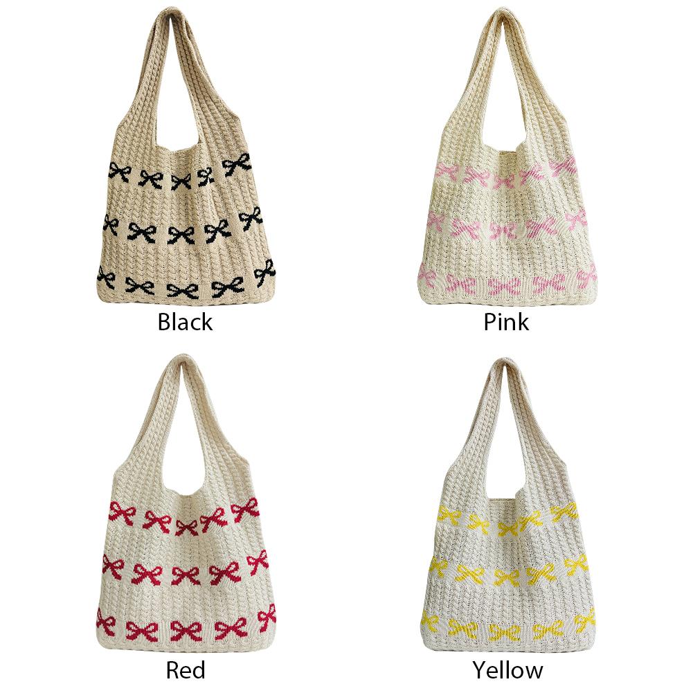 Women Crochet Shoulder Bag Large Capacity Bow Pattern Crochet Tote Bag Multifunctional Fashion Woven Bag for Shopping Traveling