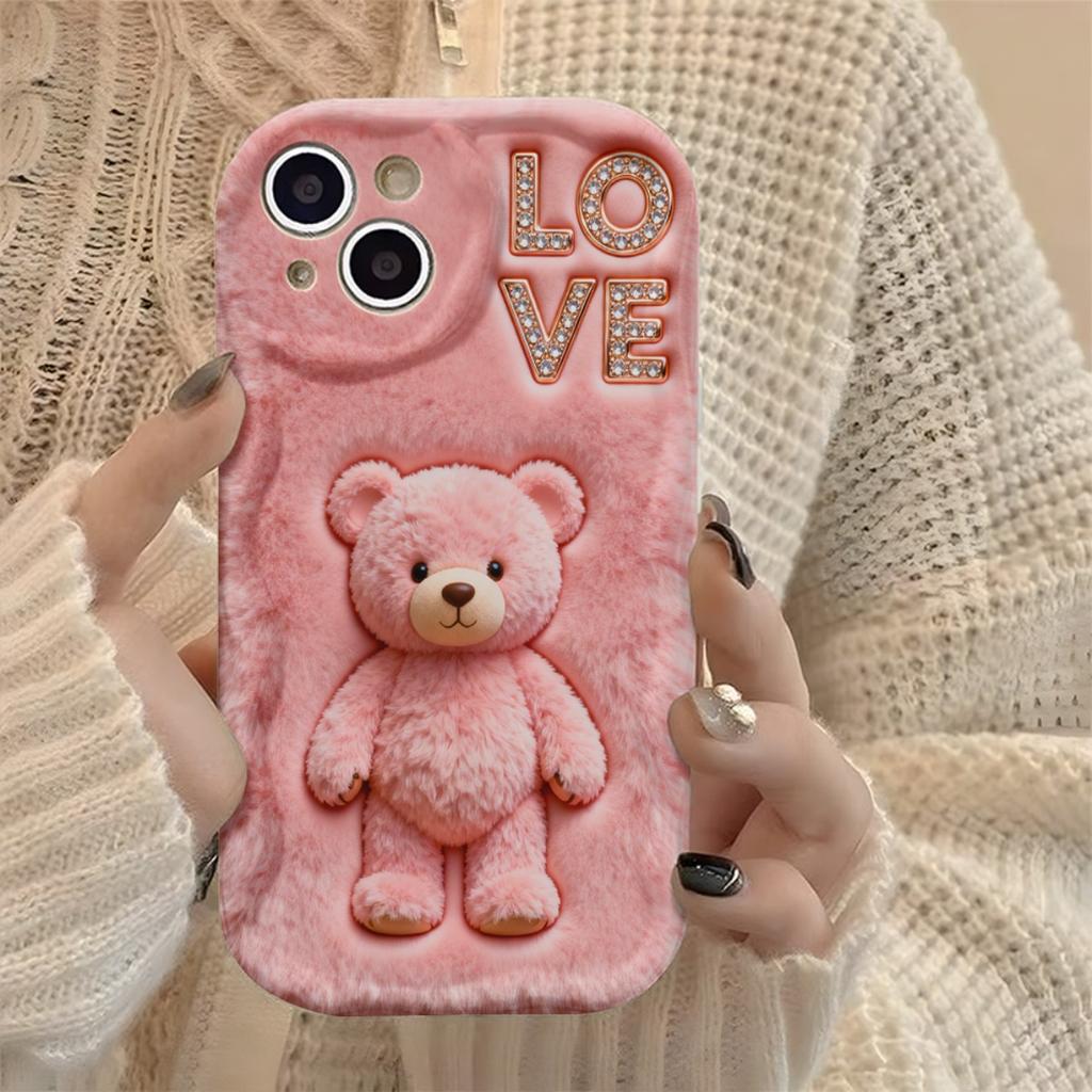 Cute Pink Teddy Bear & Love Pattern Phone Case For Samsung Galaxy S26 Ultra S25 S24 S23 S22 S21 S20 Plus A56 A54 A53 A16 Cover