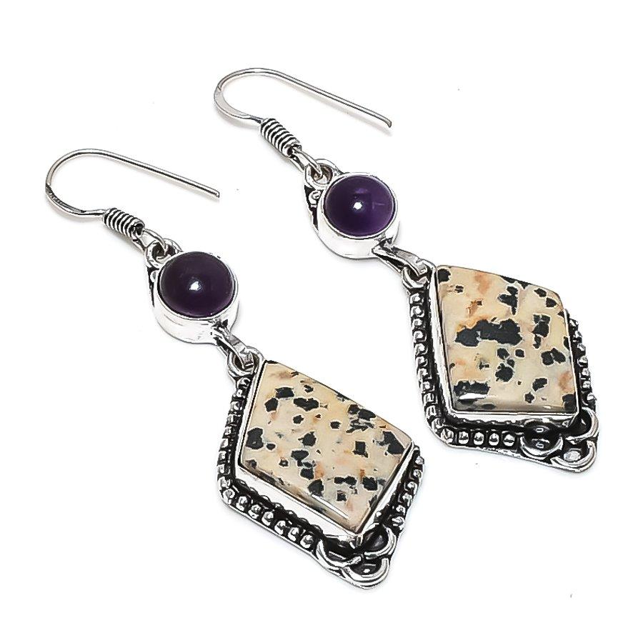 Natural Dalmation Jasper, Amethyst 925 Sterling Silver Earring 2.44" c3l58
