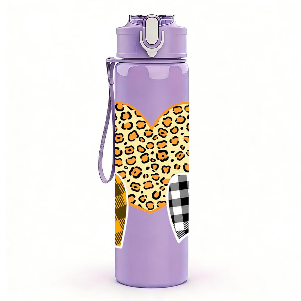 1PC Leopard Buffalo Plaid Heart Combo 750ml Color Plastic Sports Water Bottle Leakproof Flip Straw Lid Suitable for Sports Office Home Use
