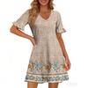 Women A Line Sun Dress Short Sleeve V Neck Printed Dress With Pockets