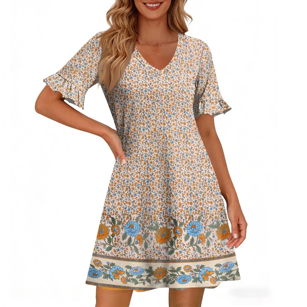 Women A Line Sun Dress Short Sleeve V Neck Printed Dress With Pockets