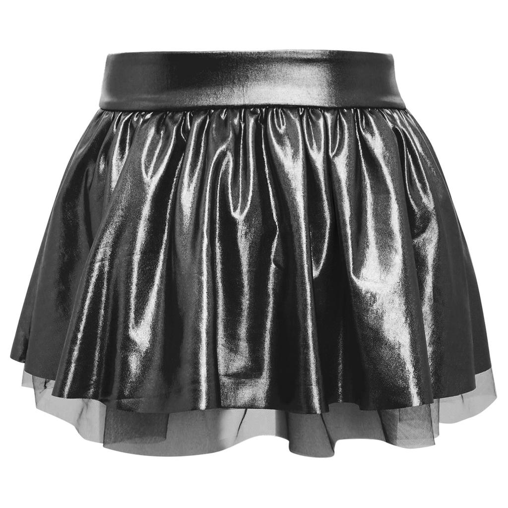 Girls Dancewear Off Shoulder Sleeveless Metallic Ruffle Crop Top and Shiny Tutu Skirt for Stage Competition Party Wear