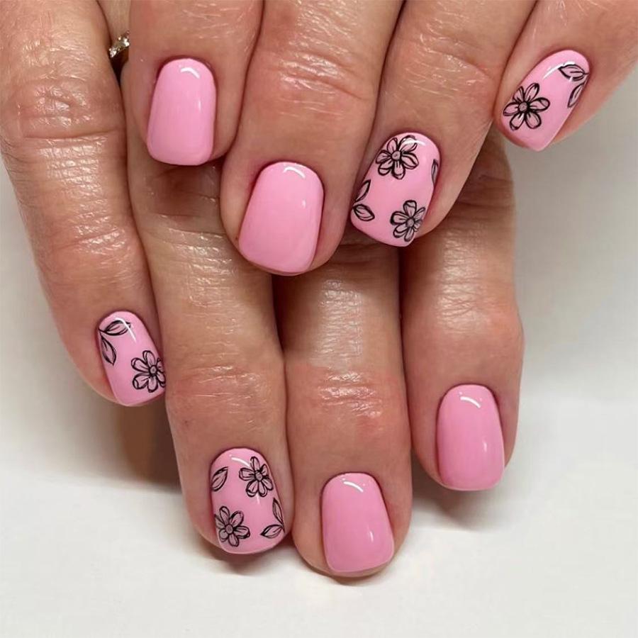 

24-Piece Light Pink Glossy Square Nails with Black Flowers