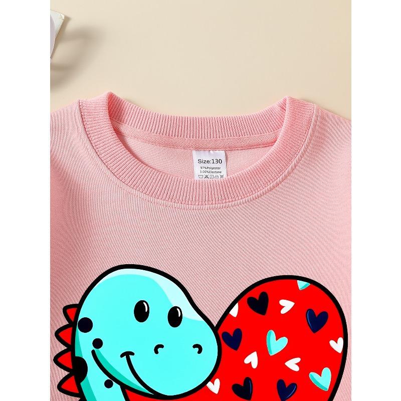 European sizes Girls' Soft Crewneck Sweatshirt with Heart Pattern Dinosaur Cartoon, Casual All-Match for Fall Winter, Ideal Present.