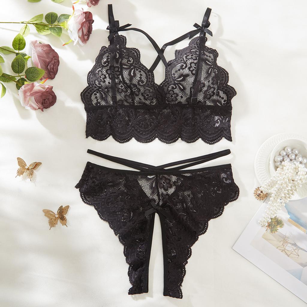 European and American explosive sexy ling sexy romantic lace bow French sex perspective underwear set