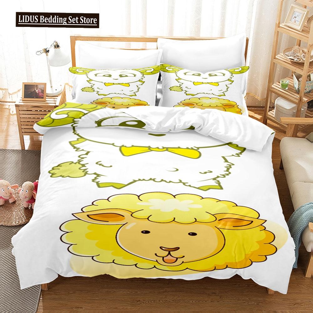 Cartoon Goat Duvet Cover Set Cute Kawaii White Goat White Background King Queen Size For Girls Boys Gift Polyester Bedding Set
