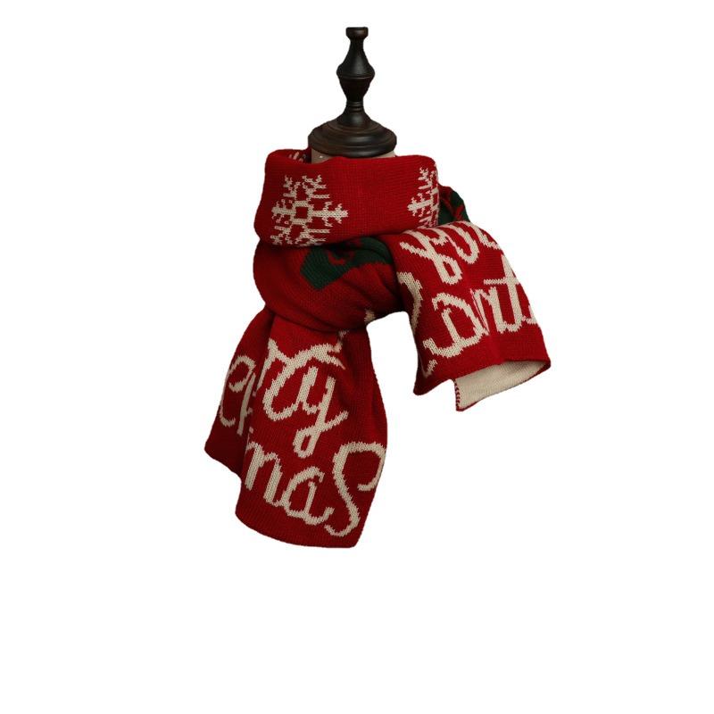 Versatile Christmas Knitted Wool Red Scarf Deer Elk Print Snowflake Warm Personality Couple Scarf Student