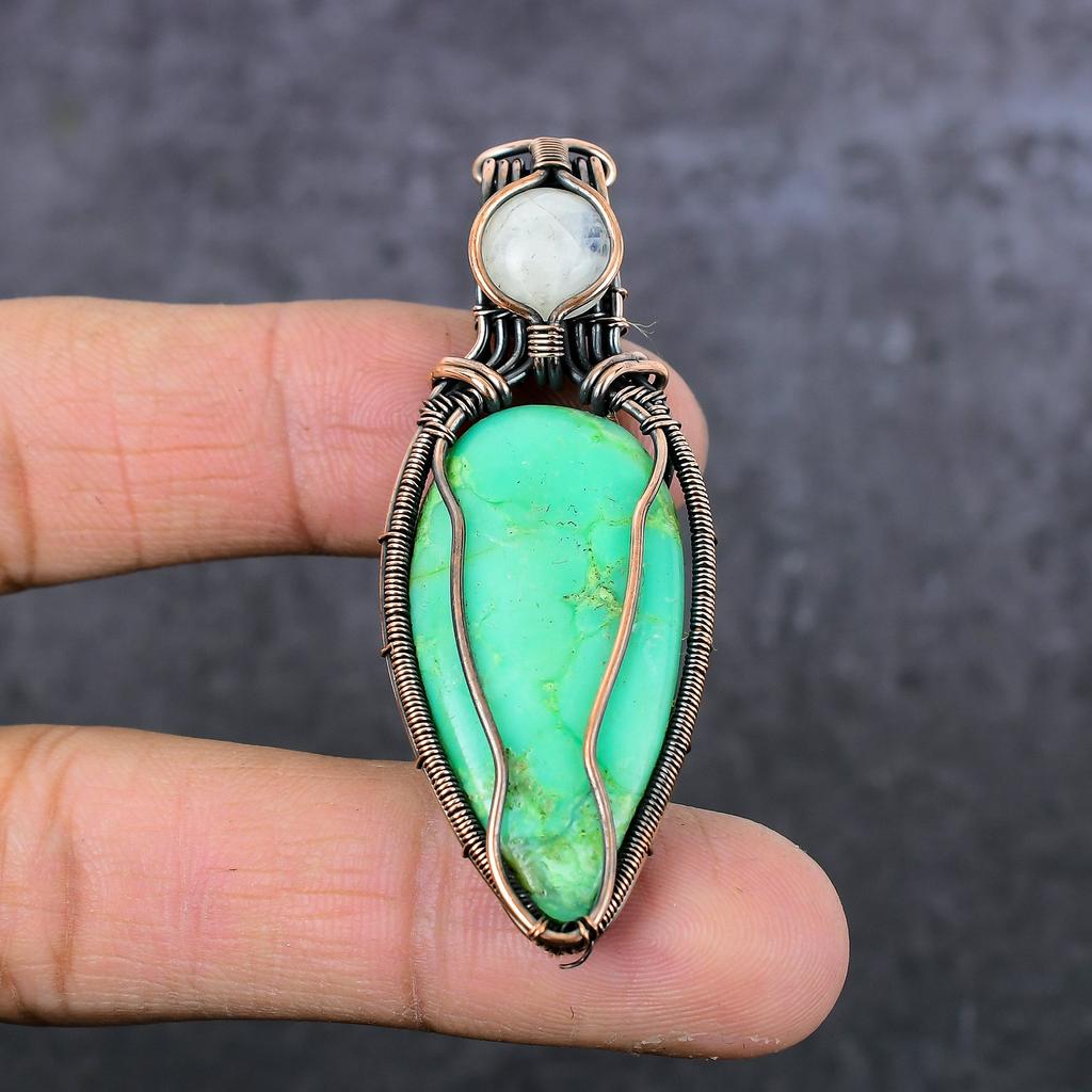 Chrysoprase, Moonstone Gemstone Copper Wire Wrap Jewelry Pendant 2.48" H5J54