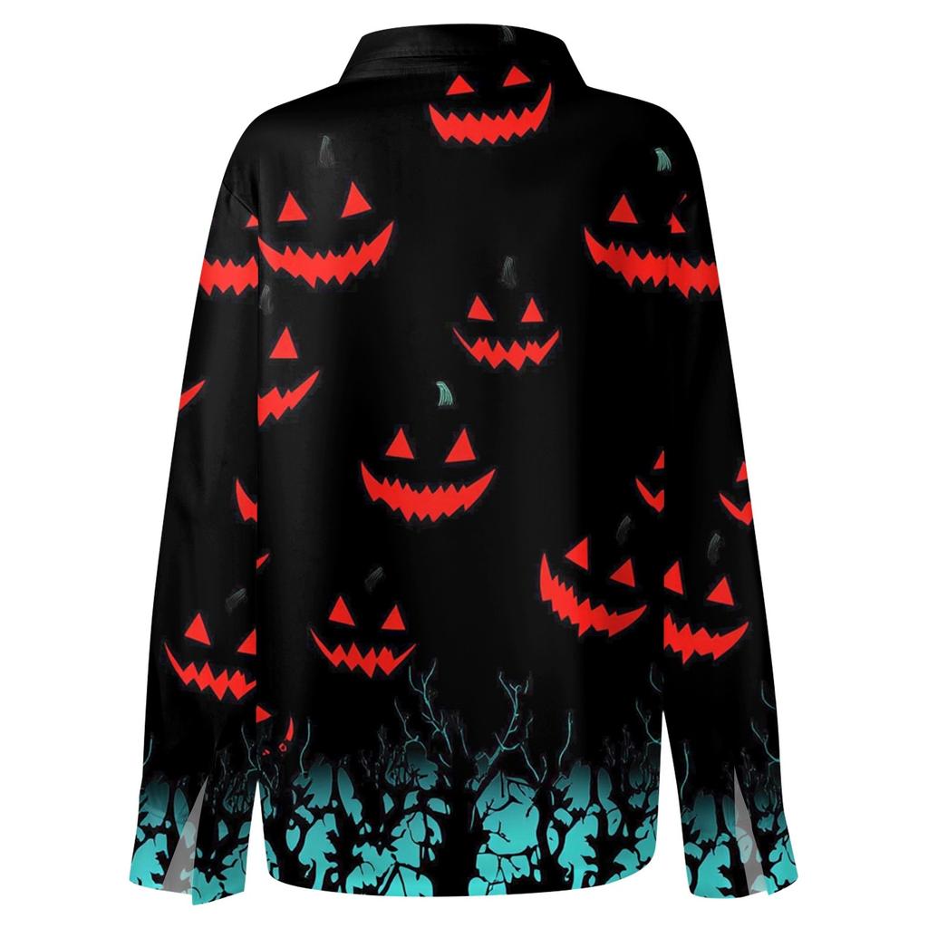 Damen Hemd Bluse Halloween Print Knopf Langarm Lässig Basic Hemdkragen Regulär Top