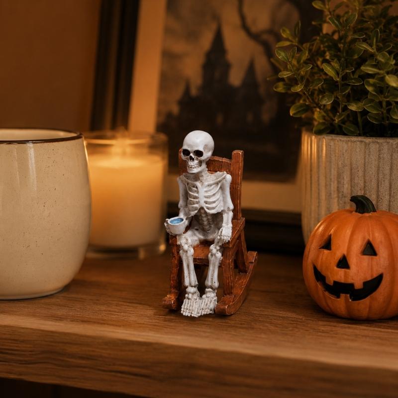 Halloween Rocking Chair Figure for Shelf Display and Room Styling, Skull Home Accent for Bookcase and Entry Placement