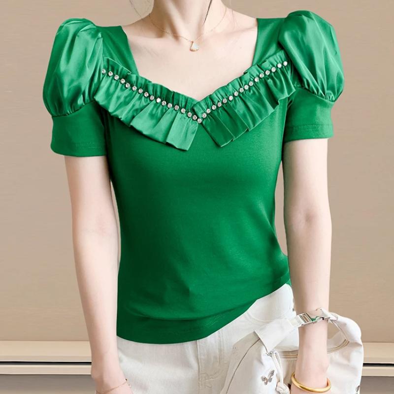 Fashion Summer Ladies Cotton T-shirt Elegant Short Sleeve Women Brand Top Shirts Chic Sexy Square Neck Ruffles Hot Diamonds Tees