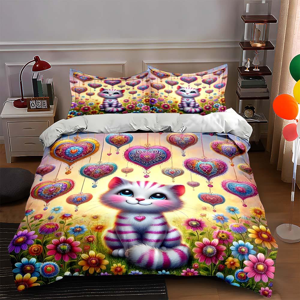 

Cat, hearts, flowers Bedding Duvet cover sets Duvet covers Pillowcases gifts (1 * Duvet Cover 2 * Pillowcases, without duvet insert) 135x200cm
