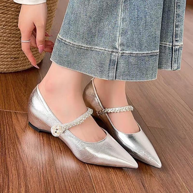 Fashion Fashionable and Elegant Inside Heightened Single Shoes Autumn New Pointed Toe  Rhinestone Soft Sole Wear-resistant Flats