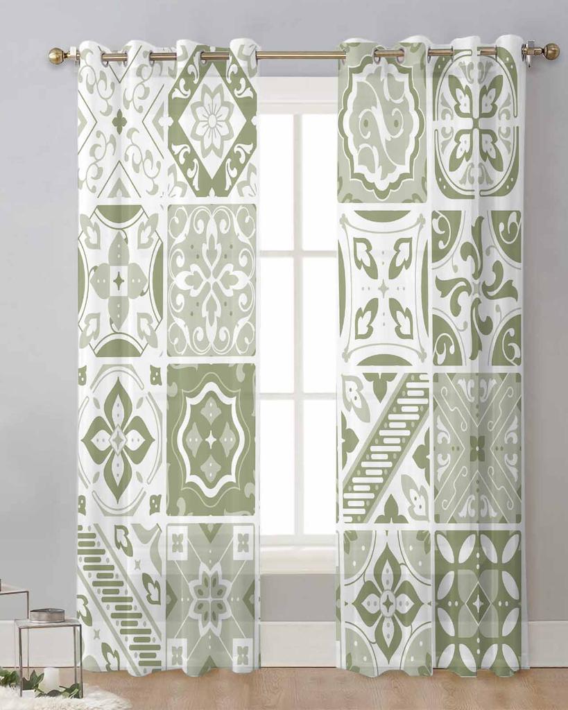 Azulejos de cerâmica Bohemian Floral Sage Green Sheer Cortinas para decoração de sala de estar Cortinas de janela Cozinha Tule Voile Cortinas