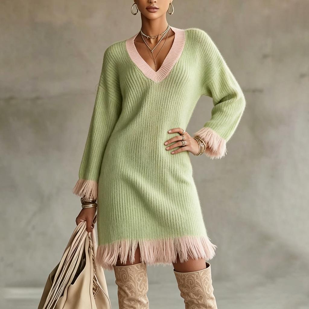 Women's Color V-Neck Knitted Dress with Long Sleeves, Casual Comfortable