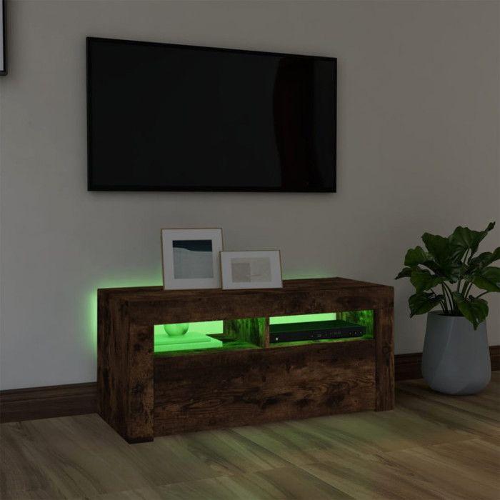 VidaXL Meuble TV avec lumières LED Chêne fumé 90x35x40 cm, support TV, armoire média, armoire hifi, unité TV, unité média, 822721