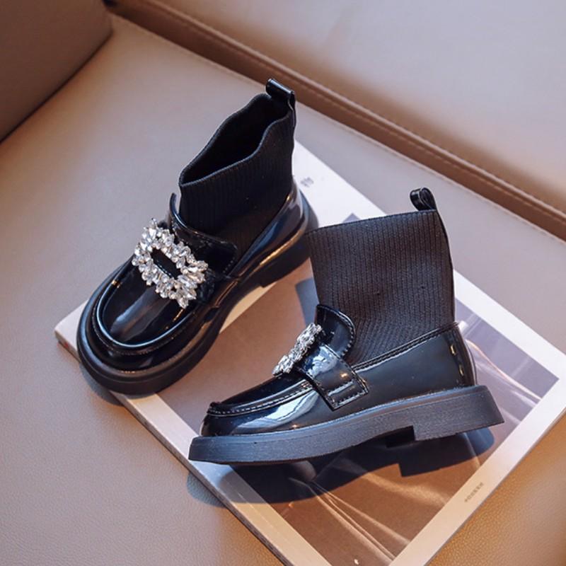 Rhinestone Girls Sock Shoes Children's Leather Boots Autumn Winter Baby Fashion Anti-Slippery Rubber Sole Footwear