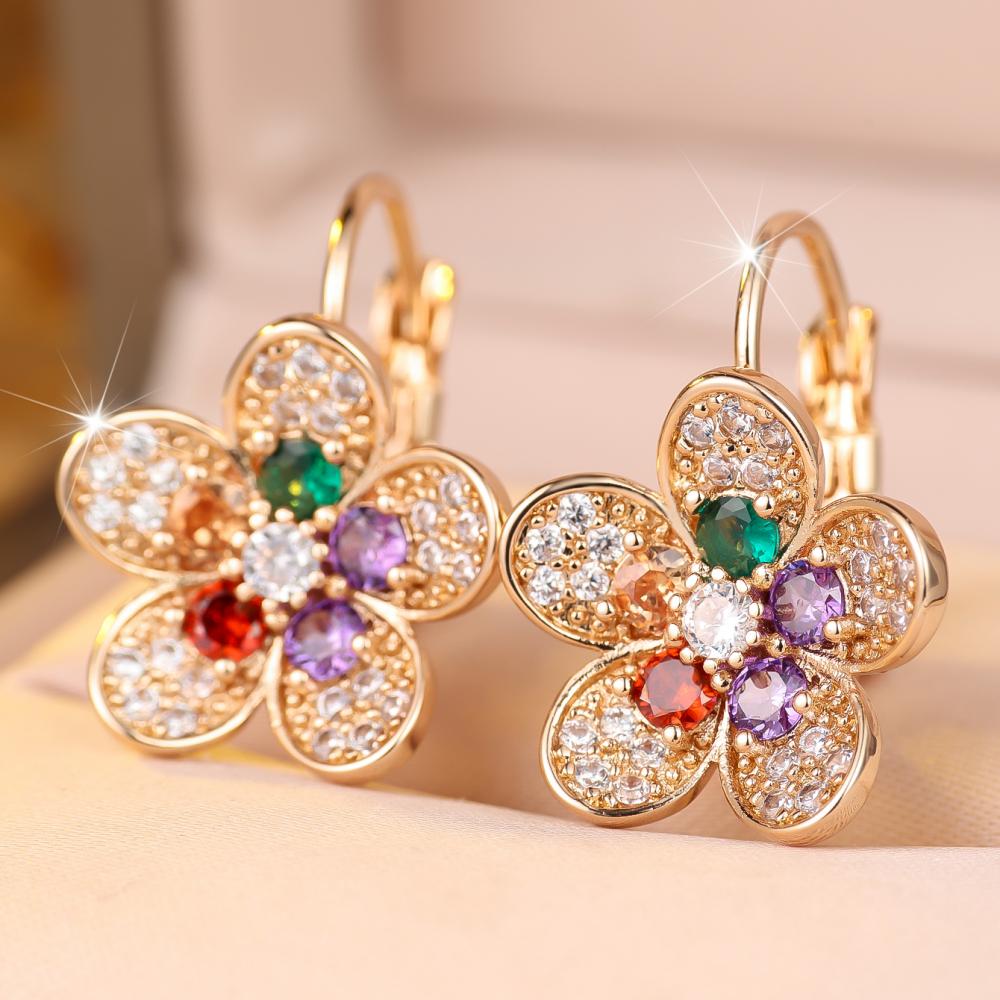 Cute Gold Tone Flower Earrings Multi-Color Zircon Statement Jewelry Gift for Women Party
