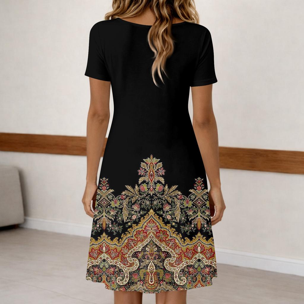 Women's Fashion Retro Print Round Neck Short Sleeve Buttoned Casual Dress