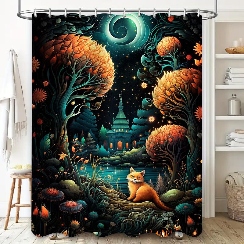 Enchanted Forest Shower Curtain: Magical Tree with Moonlit Pathway Luxurious Orange Cat Bath Mat Decorative Bathroom Set for Gir