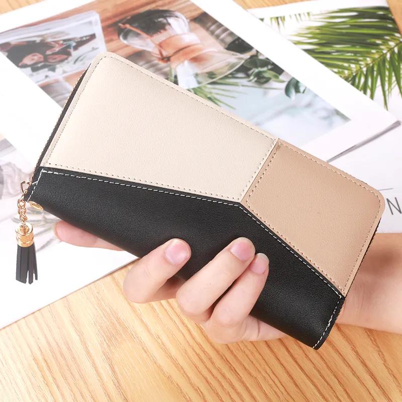 Bolso de borlas para mujer Billetera cosida de cuero Bolso largo con cremallera para teléfono móvil Bolso de mano informal para cambio Bolso de color contrastante para dama