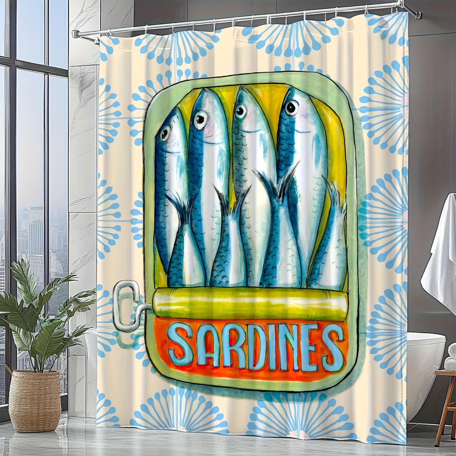 

1pc Sardine Scale Pattern Shower Curtain - Blue-Green Sardine Design Bathroom Decor, Artistic Sardine Can Label Style, Machine 90x180cm35x71in