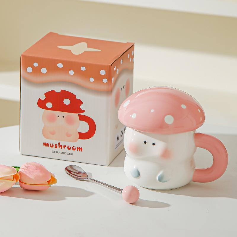 Girl's heart cartoon cute mushroom ceramic cup with lid souvenir high value creative ceramic mug coffee cup