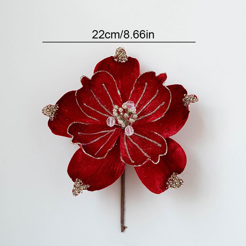 22CM Glitter Accents Flower Floral Decor Eco-Friendly Fabric Reusable Fabric Elegant Simulated Christmas Flowers Holiday Staging