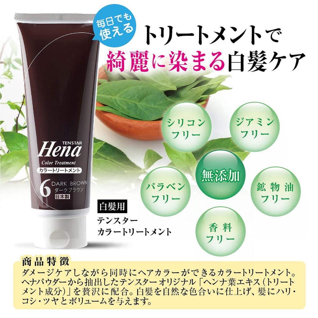 Tenstar Henna Color Treatment with Coloring Cap and Point for Gray Hair Made in Soft 250g x 2 Bottles Brush, Dye, Japan, Black,