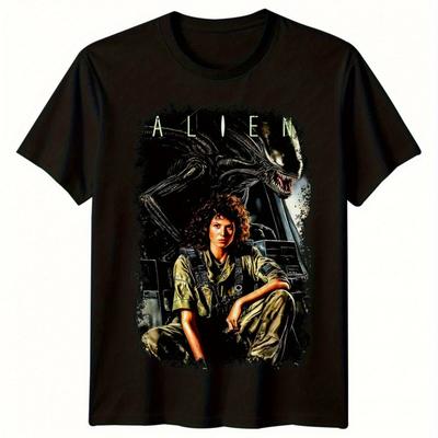 Unisexs Retro Alien Movie Poster Tshirt 80s Classic Alien Science Fiction Pattern Short Sleeve