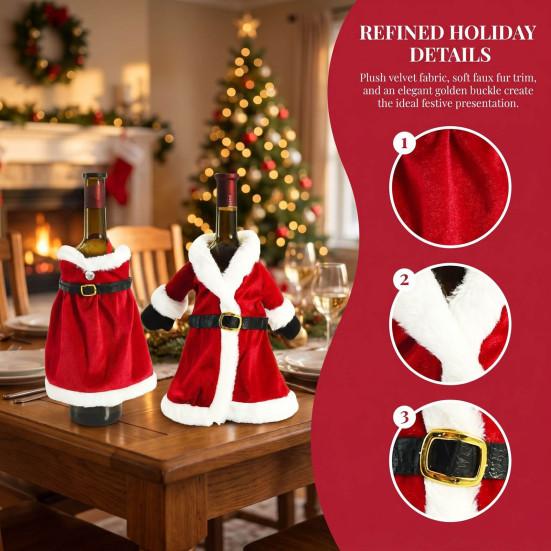 Red Velvet Wine Bag Christmas Bottle Cover, Santa Suit Sleeve, Plush Gift Wrap Cover for Xmas, New Year, Holiday Dinner Table Decor