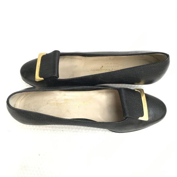 Salvatore Ferragamo Lizard Leather Pumps 6C 23 black(USED)