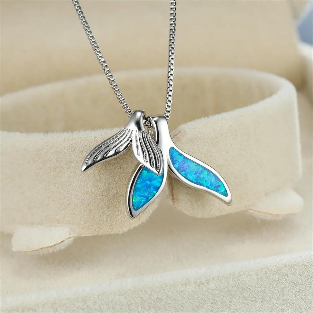 Fashion Cute Sea Whale Tail Pendant Necklace for Women Girl, Fashion Imitation Blue Opal Necklace, Wedding Party  Gift