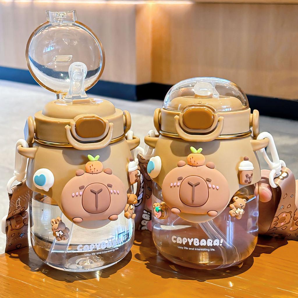 Capybara Cute Summer Kids Plastic Water Bottle for Students Girls kapibara Plastic Cup Portable Strap Children's Cup with Straw
