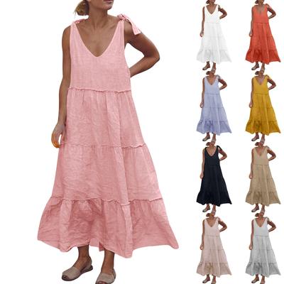 Women's Cotton And Linen Dress Women Sexy Tie Shoulder Cami Dress Casual Loose Sleeveless  Ruched Layered Flowy Dress