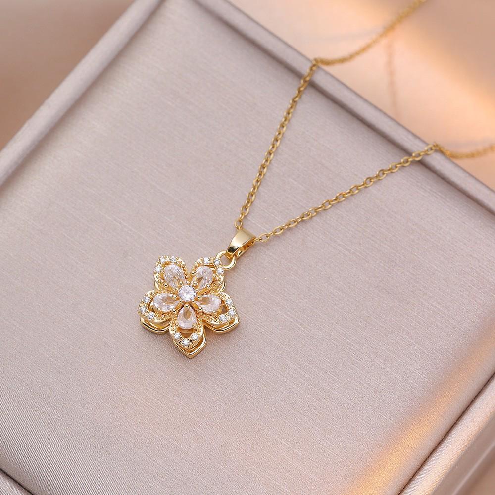 Purple Bauhinia Zirconia Flower 360° Rotatable Necklace for Women – European & American Style, New Five-Petal Design
