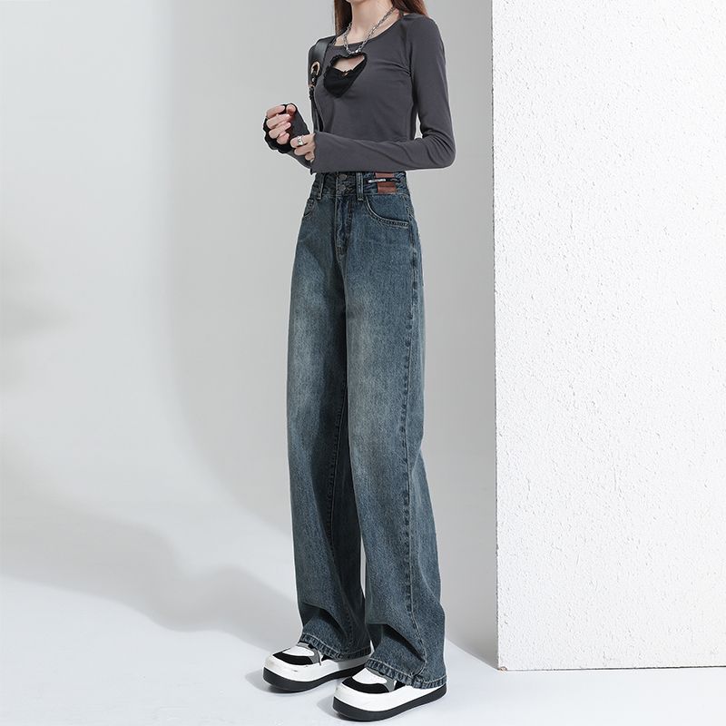 Fleece wide-leg jeans for women, trendy and versatile new winter high-waisted narrow version straight pants