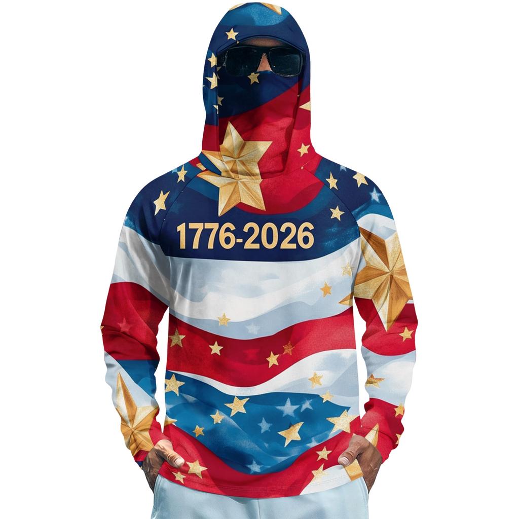 Men's Long Sleeve Quick Dry Hoodie Shirt with Flag Print Lightweight UV Protection Fishing Fitness Sports Top for Outdoor Activities