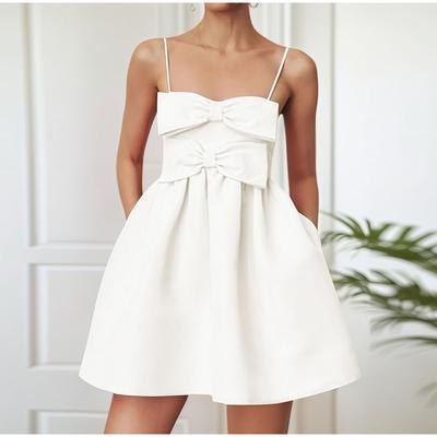 Sexy Beauty Temperament Waist Personality Hot Girl Red Suspender Dress Bow Lace Shorts Dress White A-line Cinching Waist Dresses