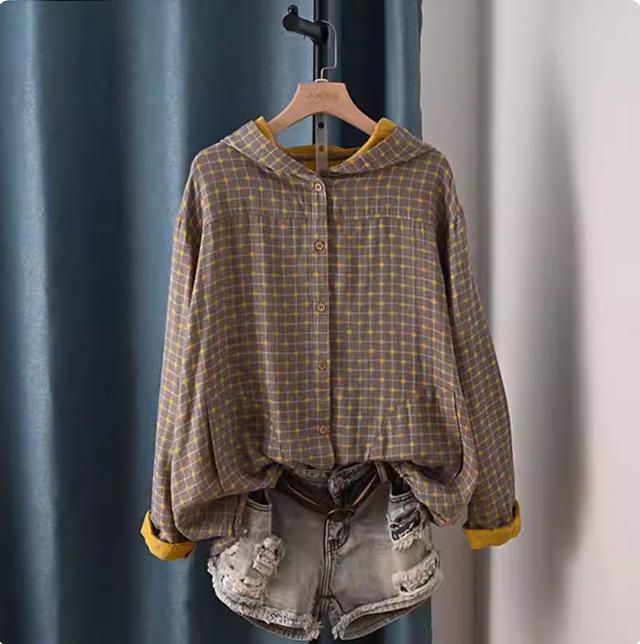 

Cotton Yarn Shirt Blouse Long Sleeve Hooded Cardigan Japan Style Single-breasted Coat Spring Tops One Size сірий