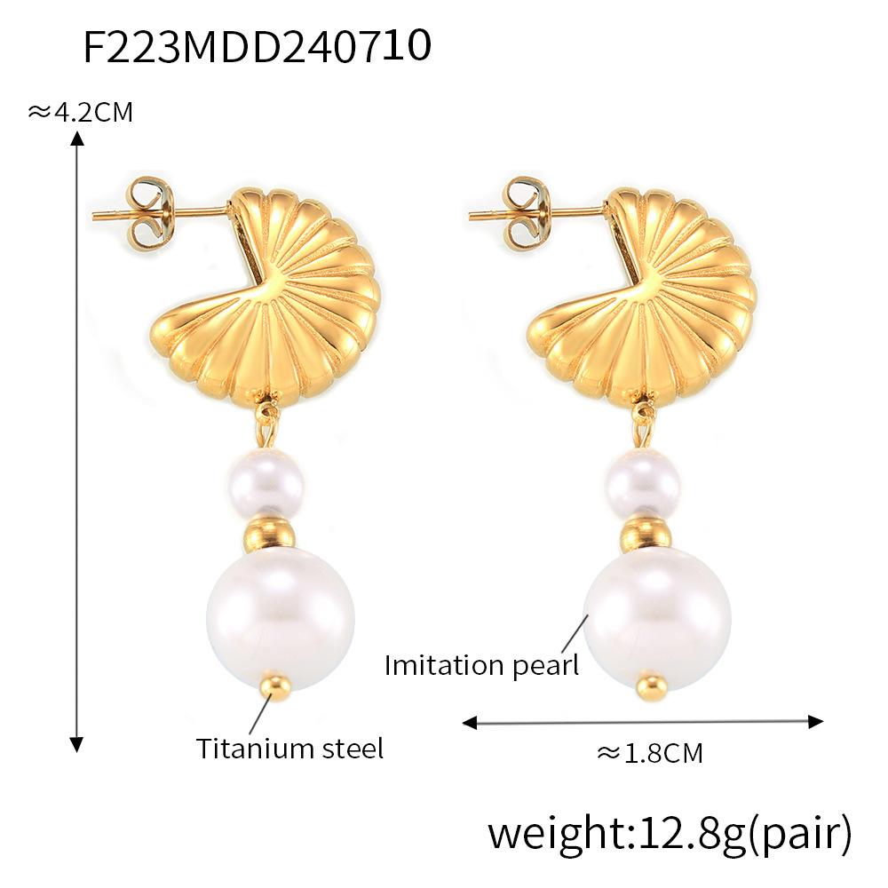 Cercei cu perle artificiale, stil Court New, cu franjuri, design retro, oțel titan placat cu aur de 18K